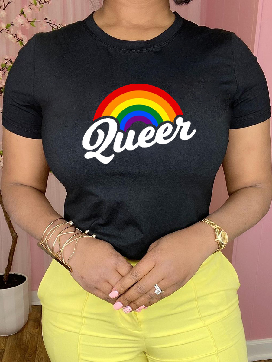 

Lovely Plus Size Casual Rainbow Striped Letter Print Black T-shirt