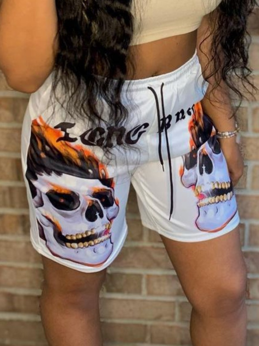 

Lovely Casual Letter Skull Head Print Drawstring White Shorts