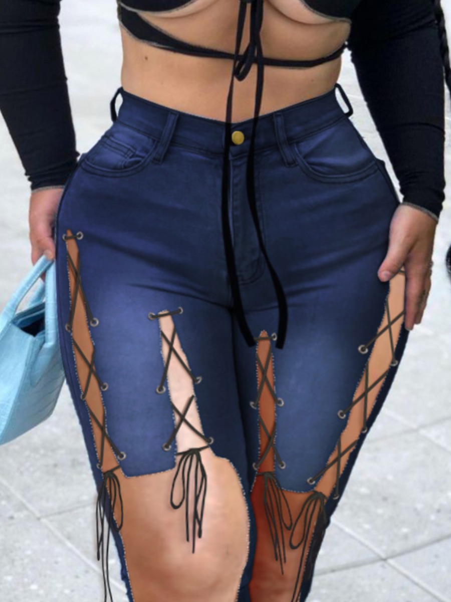 

LW Plus Size Casual Ripped Bandage Design Deep Blue Jeans