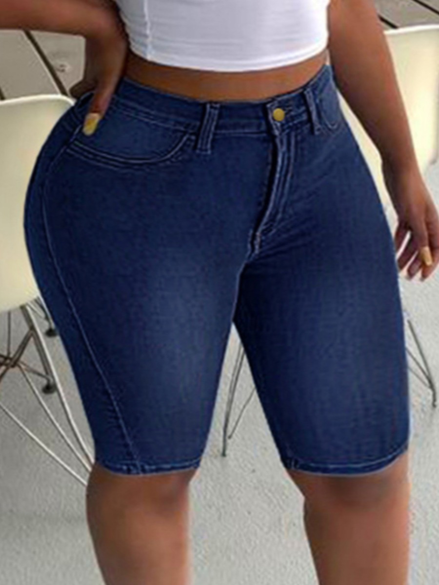 

LW Plus Size Street Mid Waist Elastic Deep Blue Denim Shorts