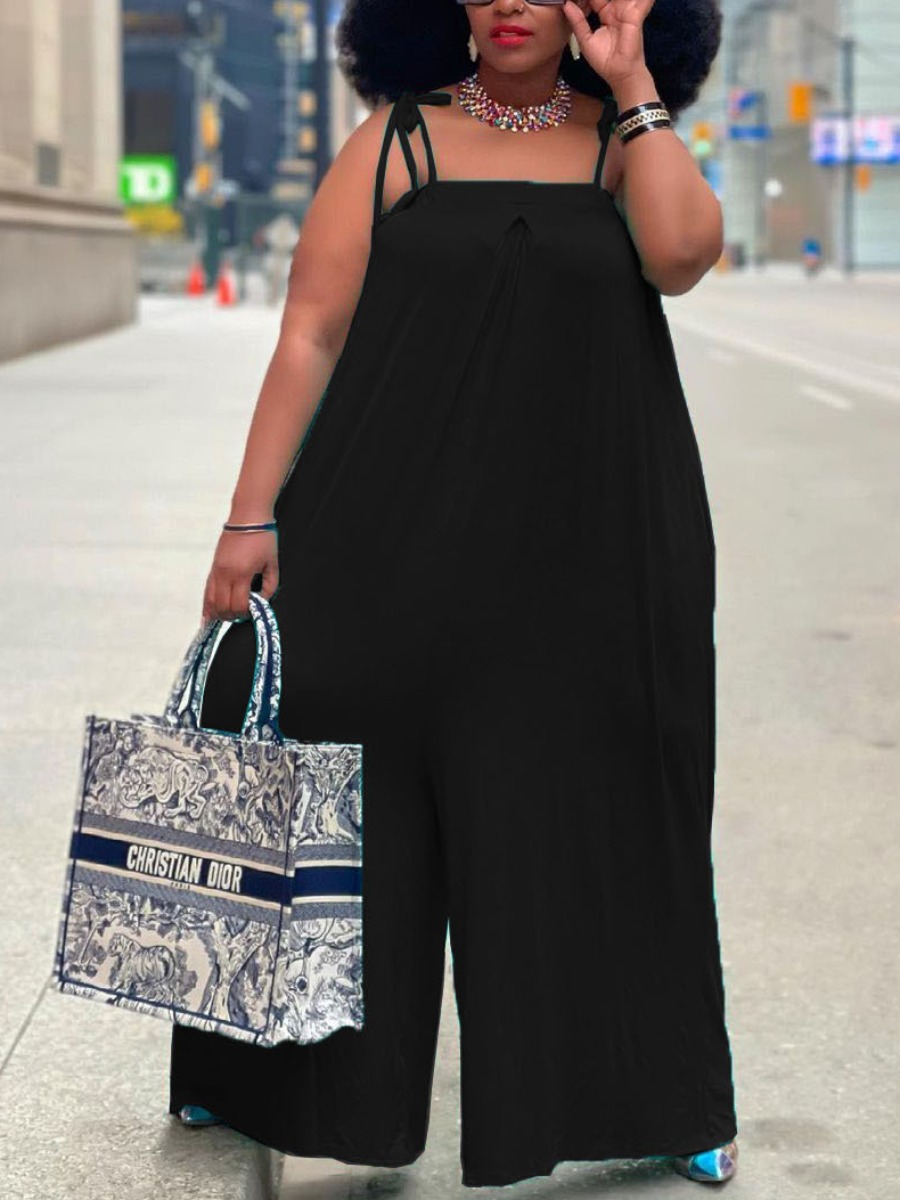 

Lovely Plus Size Casual Bandage Design Loose Black One-piece Jumpsuit