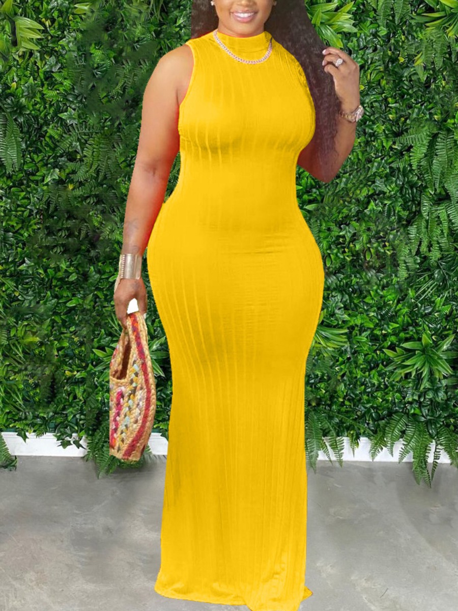 

Lovely Sexy Bandage Hollow-out Design Yellow Floor Length Dress