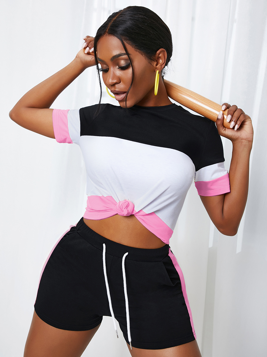 

Lovely Cotton Material Series Color-lump Drawstring Two Piece Shorts Set, Pink