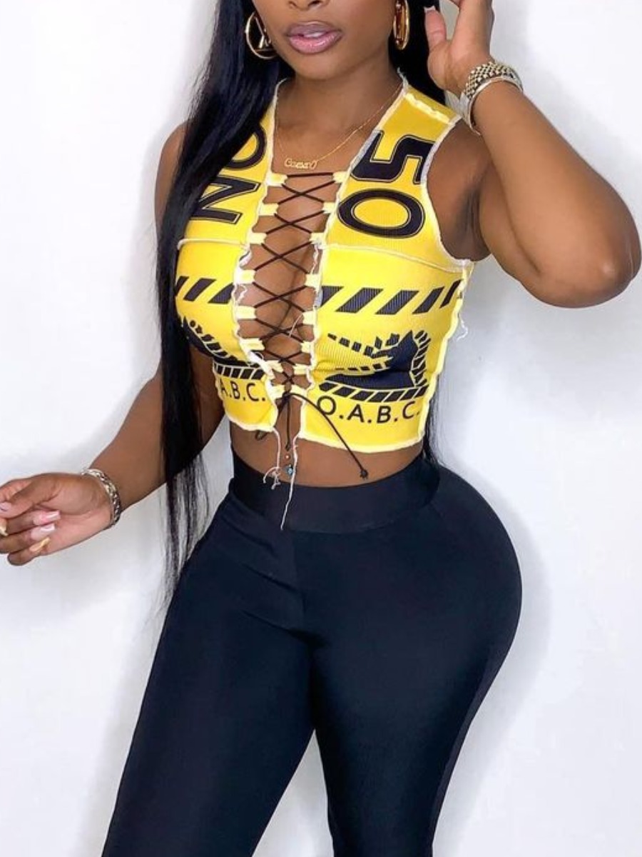 

Lovely Sexy Letter Print Bandage Hollow-out Design Yellow Camisole