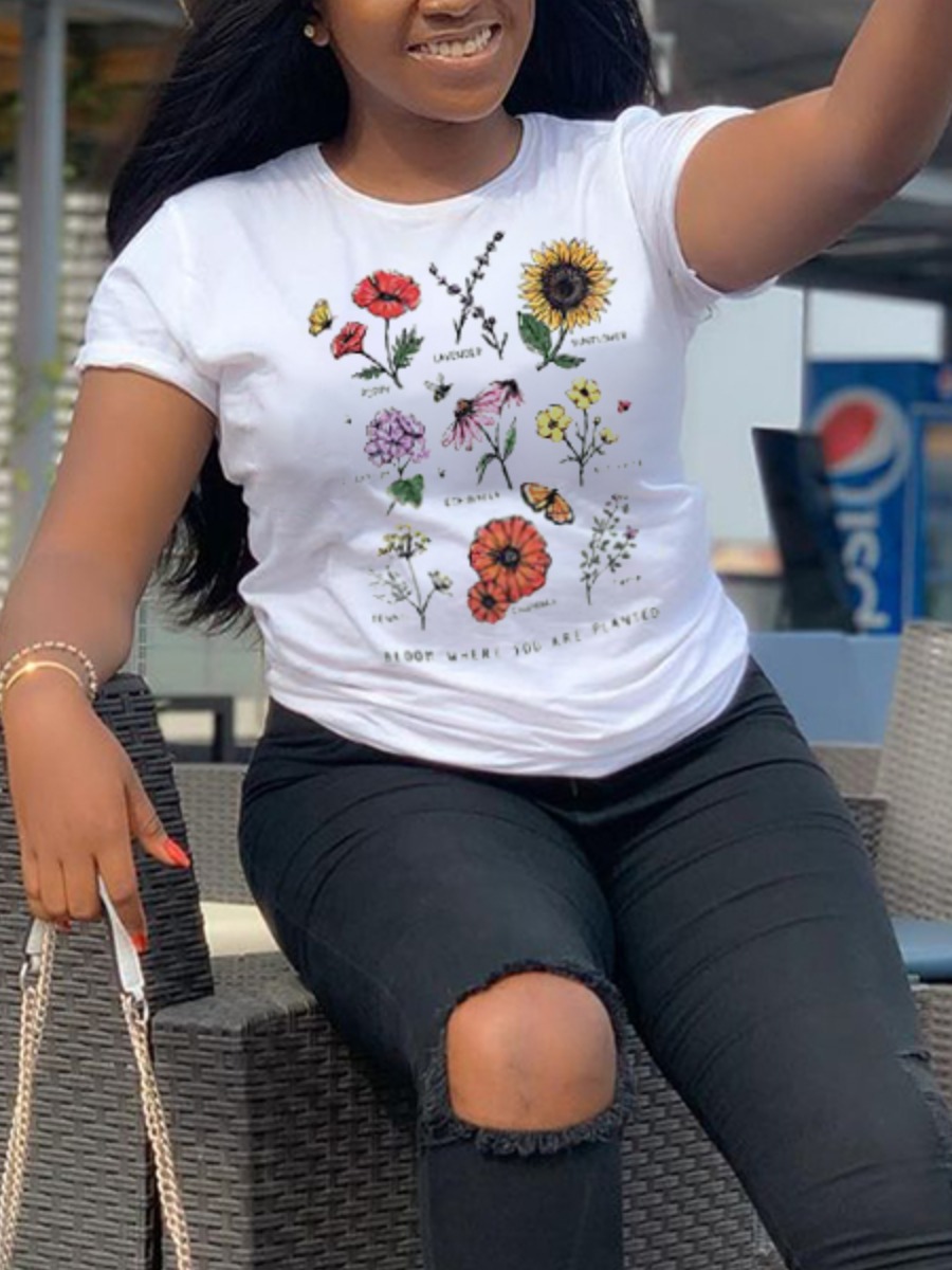 

Lovely Casual Round Neck Floral Print White T-shirt