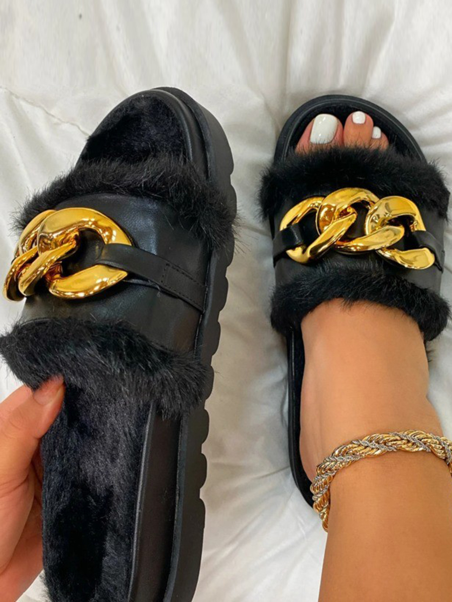 

LW Casual Fluffy Chain Decoration Black Platform Shoes