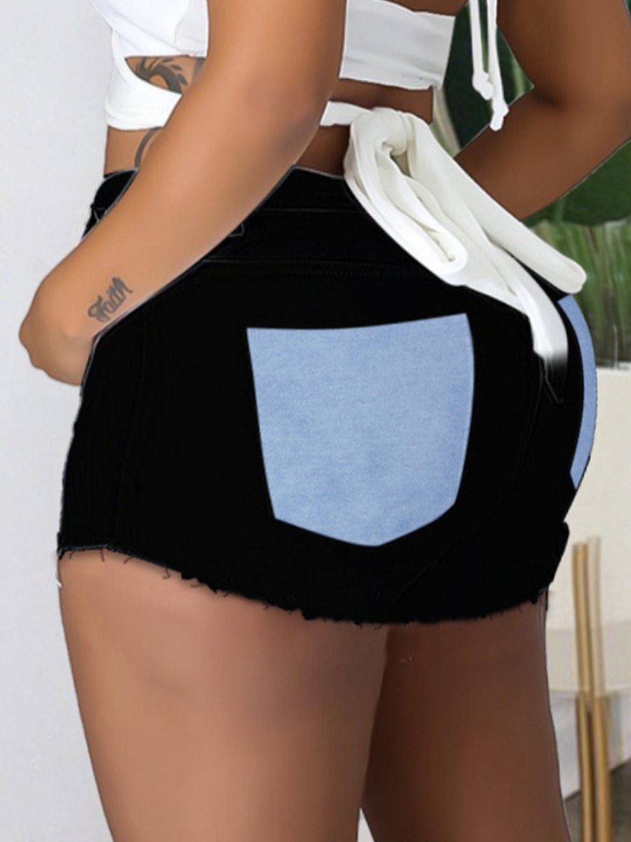 

Lovely Plus Size Street Color-lump Raw Edge Black Denim Shorts