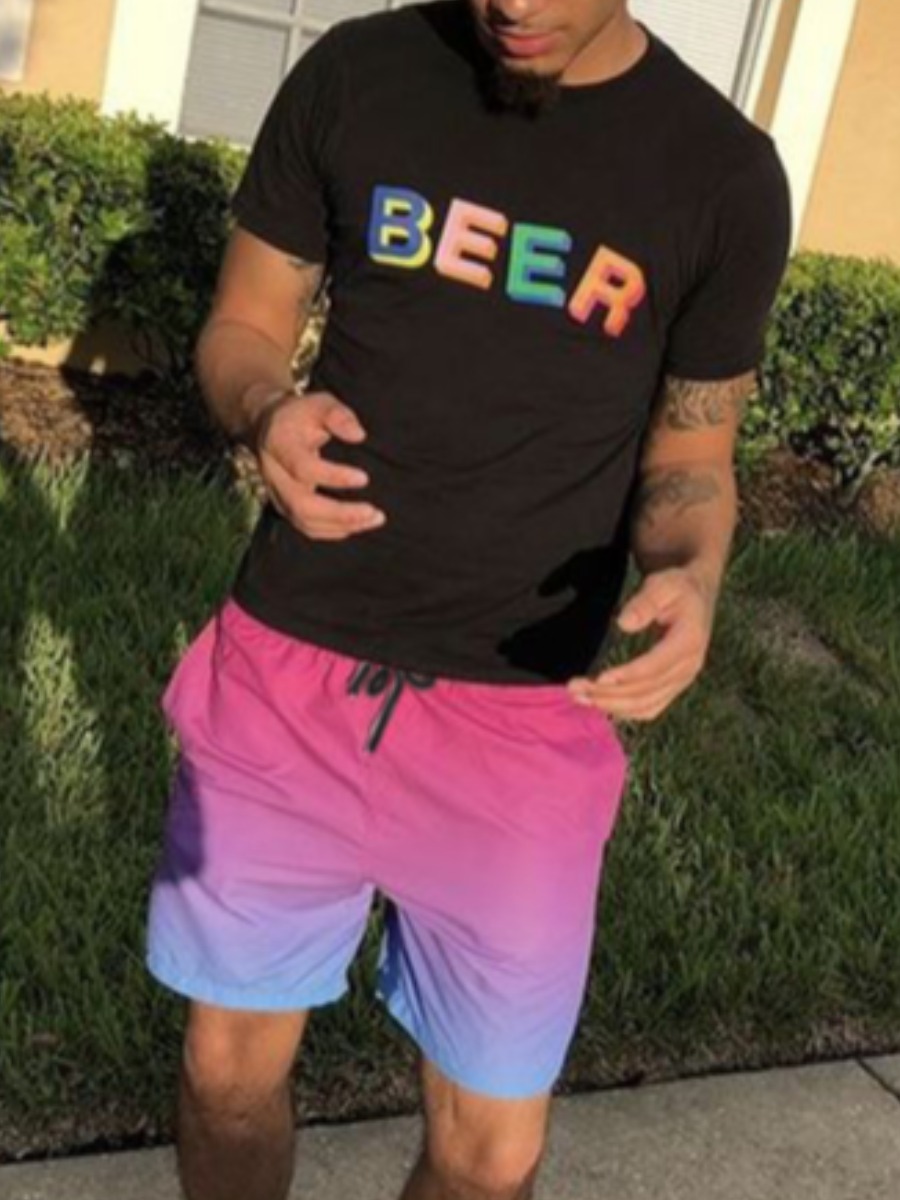 

Lovely Men Casual Gradient Letter Print Black Two Piece Shorts Set