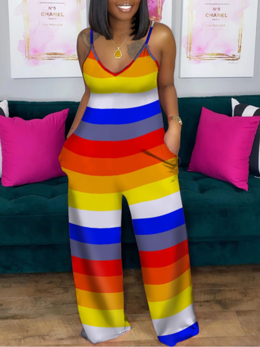 

LW Plus Size Casual V Neck Striped Multicolor One-piece Jumpsuit, Multi