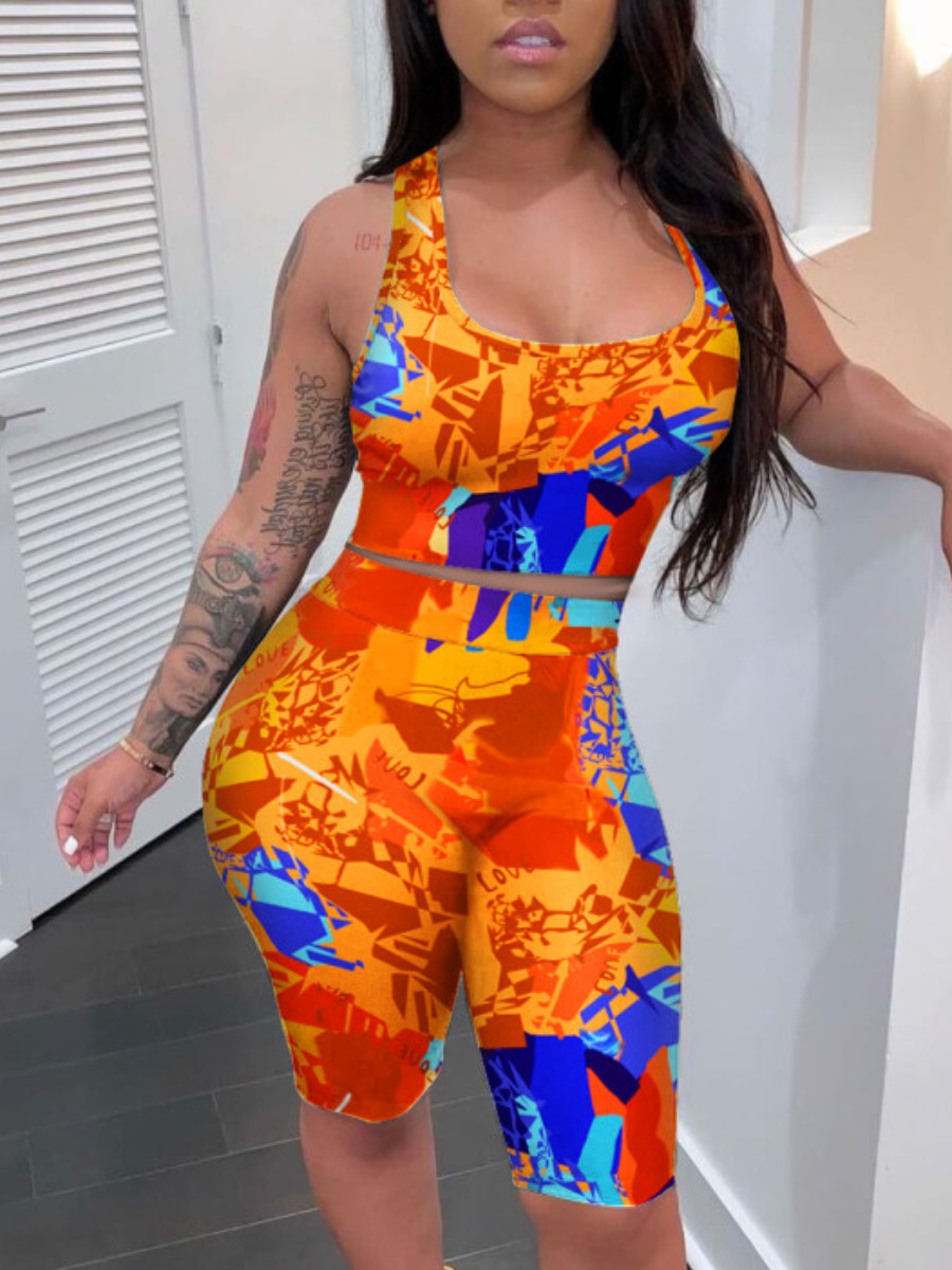 

Lovely Plus Size Sporty U Neck Mixed Print Croci Two-piece Shorts Set