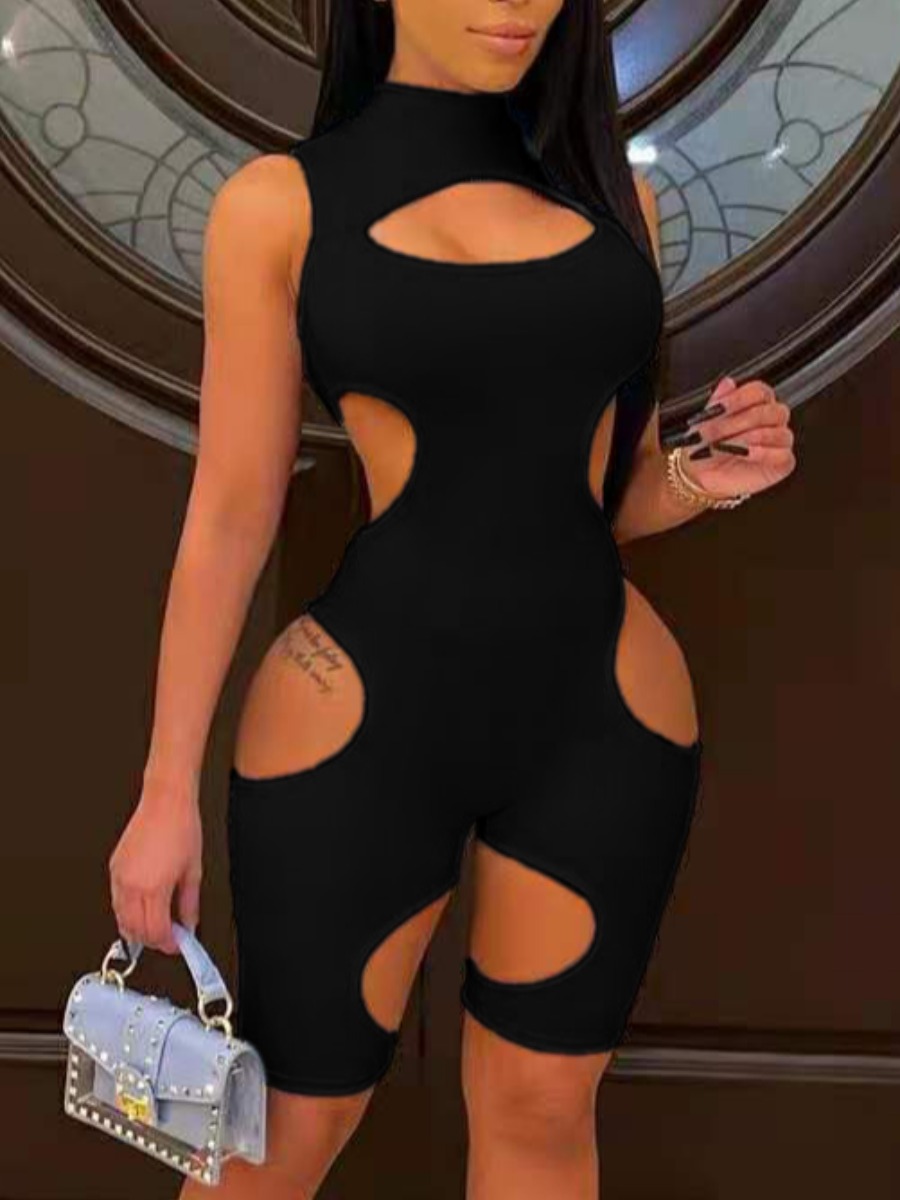 

LW Street Turtleneck Hollow-out Black One-piece Romper
