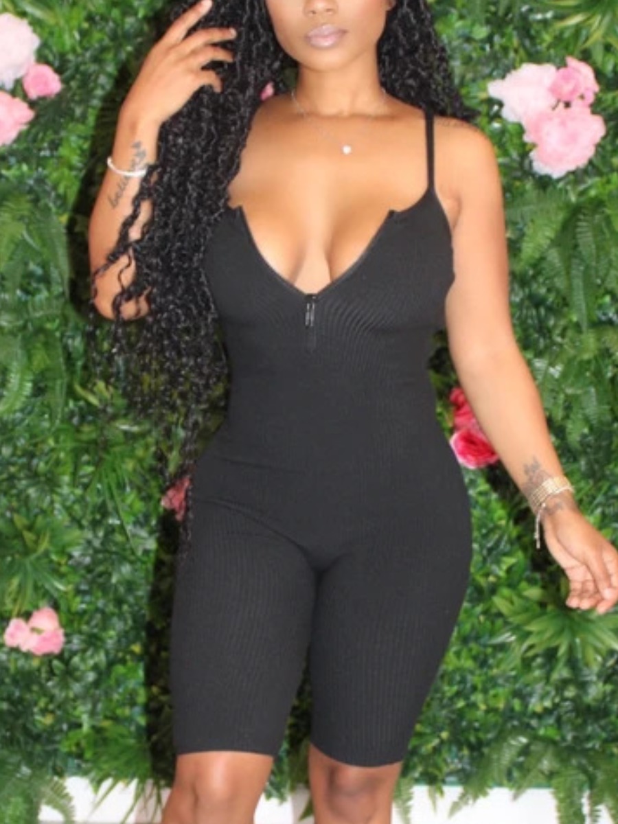 

Lovely Casual V Neck Rib-Knit Black One-piece Romper