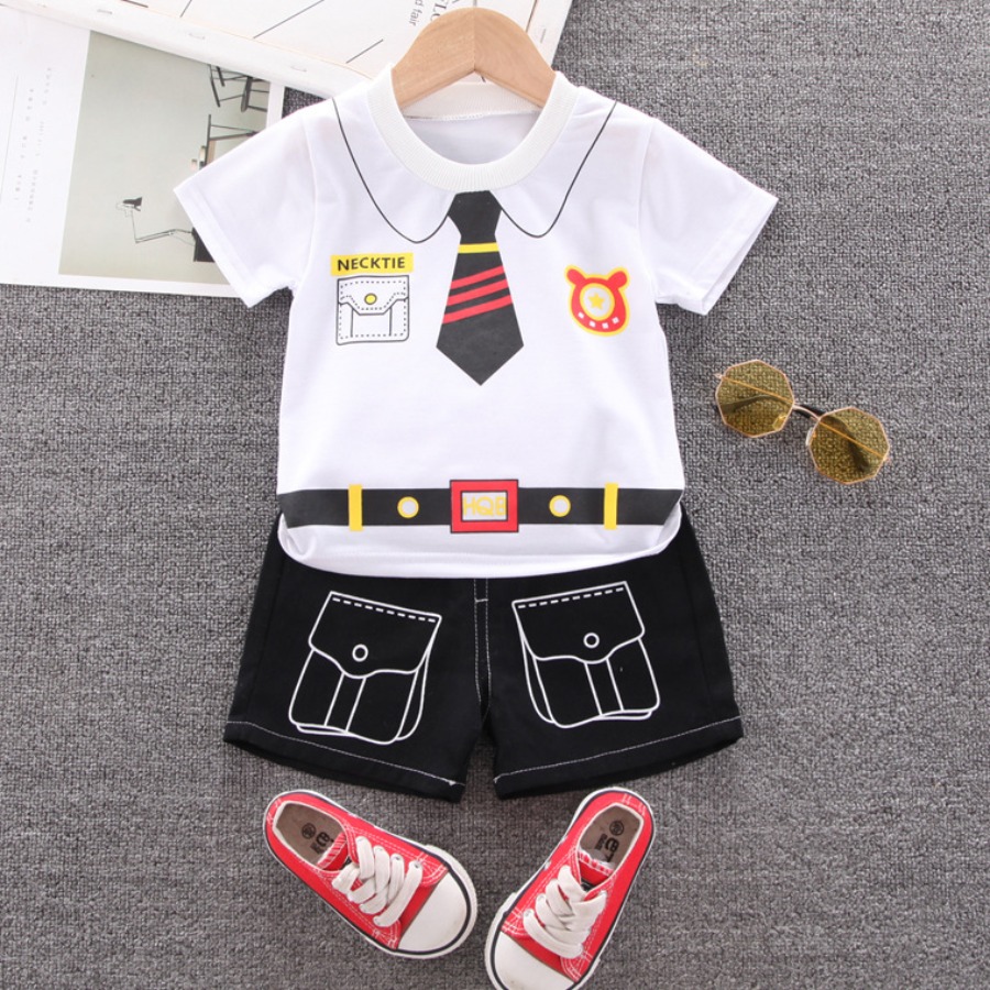 

Lovely Boy Street Round Neck Tie Print White Two Piece Shorts Set
