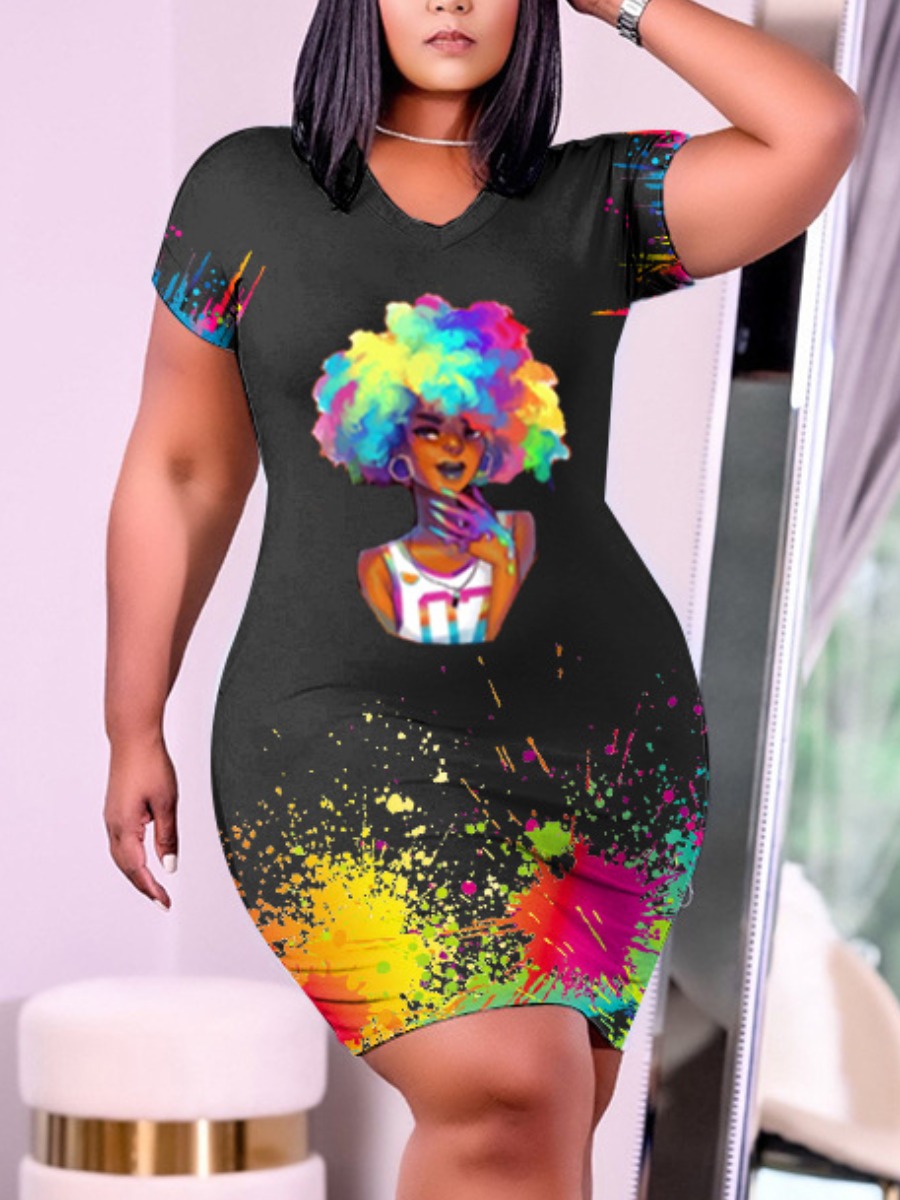 

Lovely Plus Size Street Lip Print Splash-ink Design Black Knee Length Dress