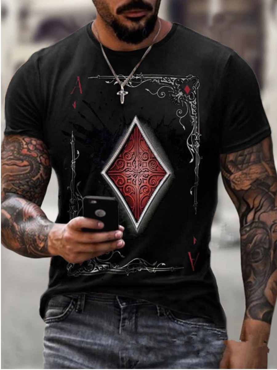 

Lovely Men Casual Round Neck Poker Print Black T-shirt