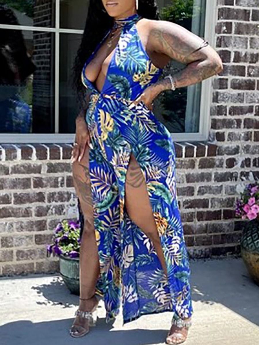 

Lovely Boho Floral Print Split Blue One-piece Jumpsuit