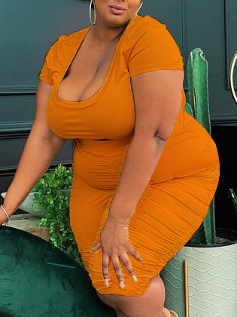 

Lovely Plus Size Casual U Neck Ruched Orange Two-piece Shorts Set