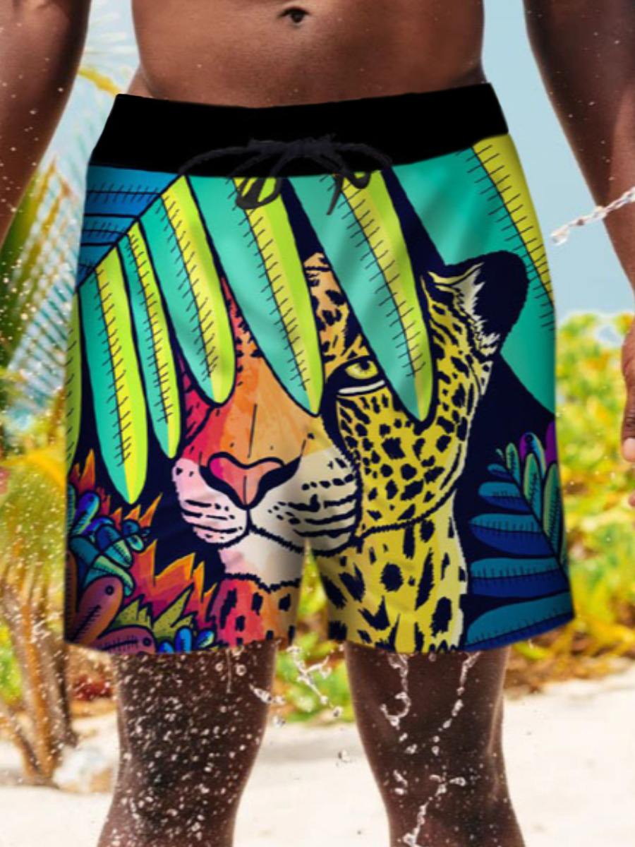 

Lovely Men Boho Leopard Floral Print Multicolor Swimming Trunk, Multi