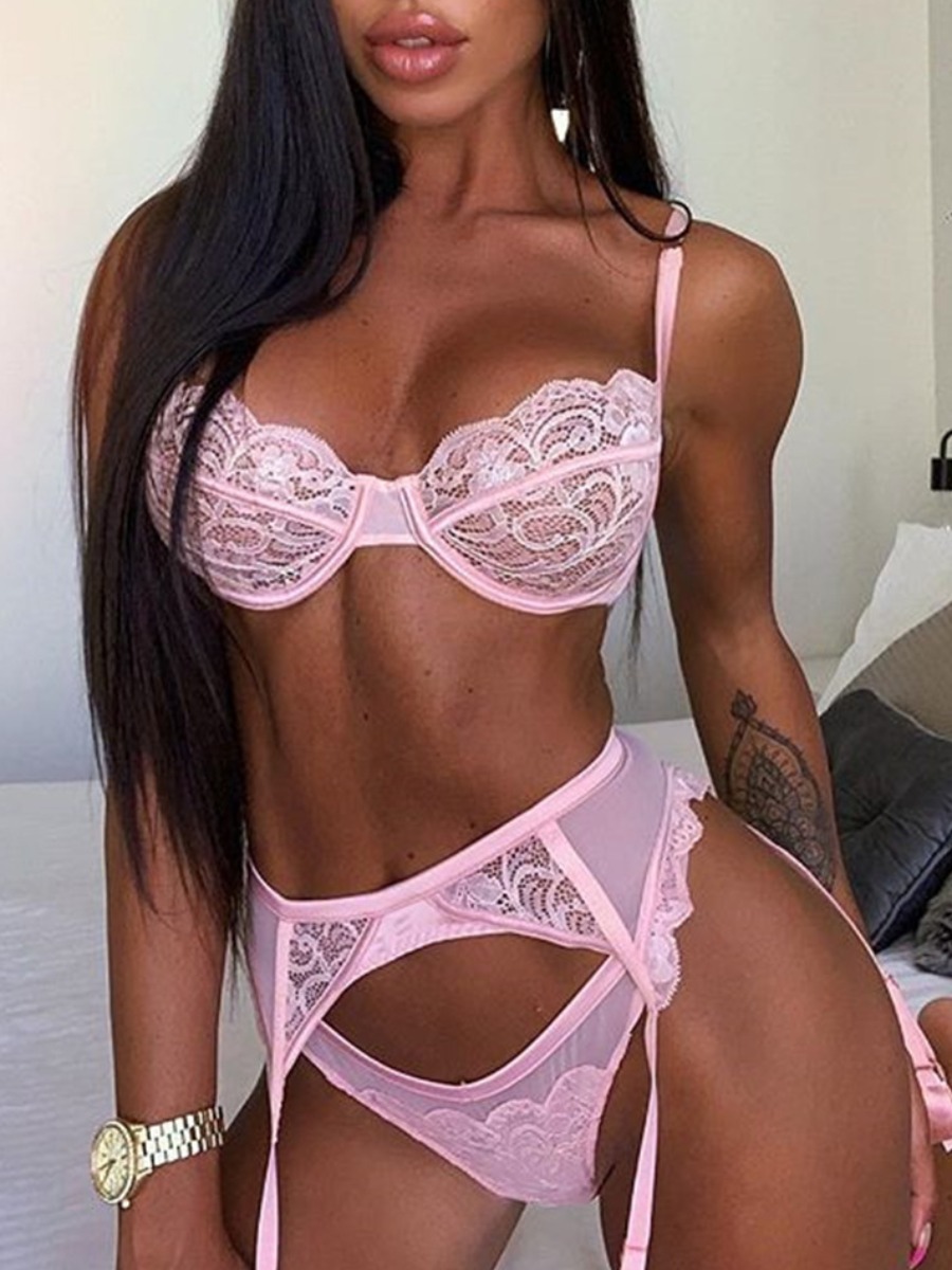 

Lovely Sexy Floral Decoration Hollow-out Pink Secret Set