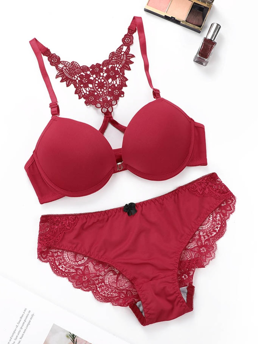 

LW Sweet See-through Floral Decoration Red Bra Set