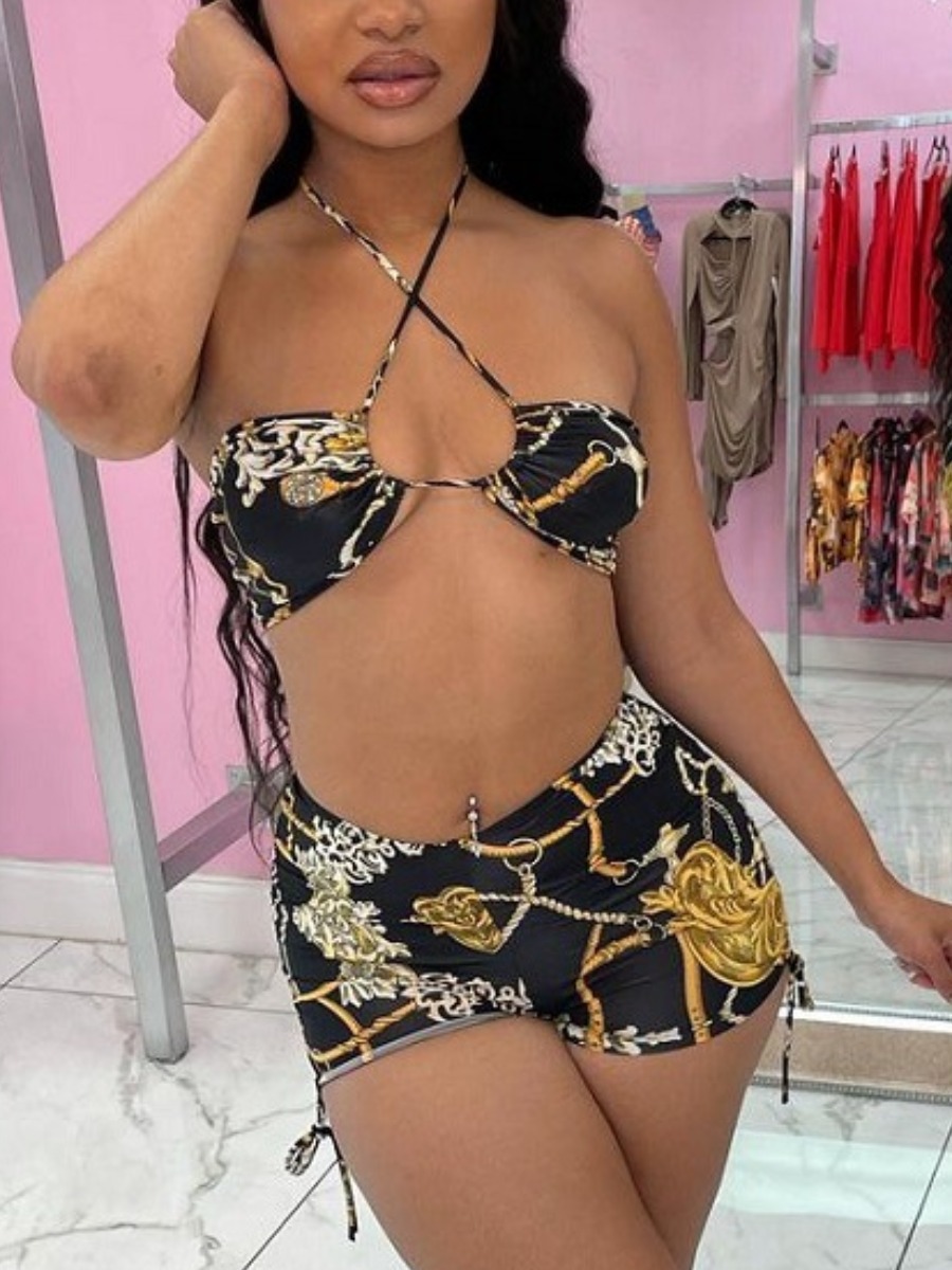

Lovely Boho Chain Print Drawstring Black Two-piece Swimsuit