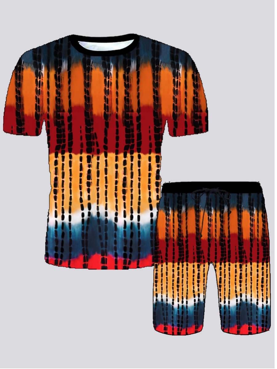 

Lovely Men Street Round Neck Tie-dye Multicolor Two Piece Shorts Set, Multi