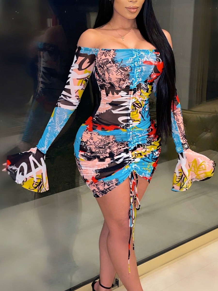 

Lovely Sweet Print Flared Drawstring Blue Mini Dress