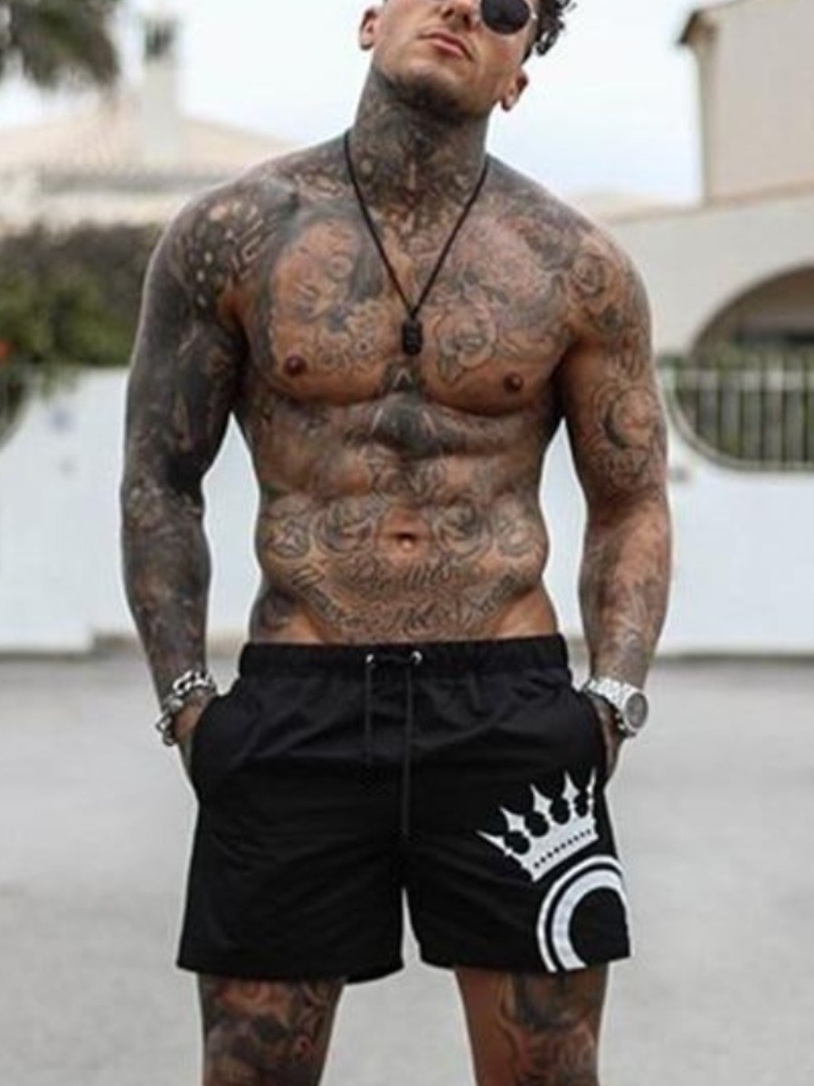 

Lovely Men Sporty Crown Print Drawstring Black Swimming Trunk