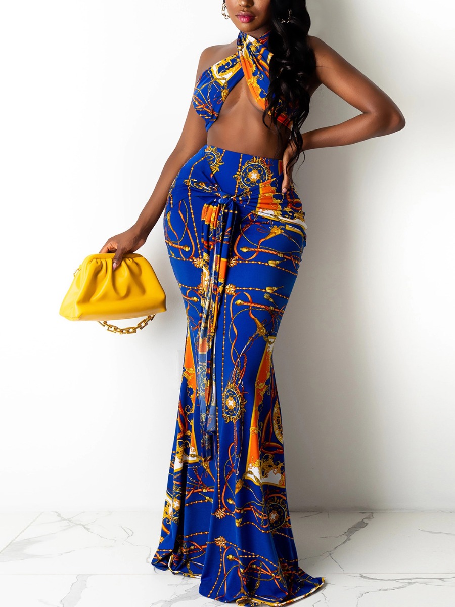 

Lovely Sexy Mixed Print Bandage Design Royalblue Two Piece Skirt Set