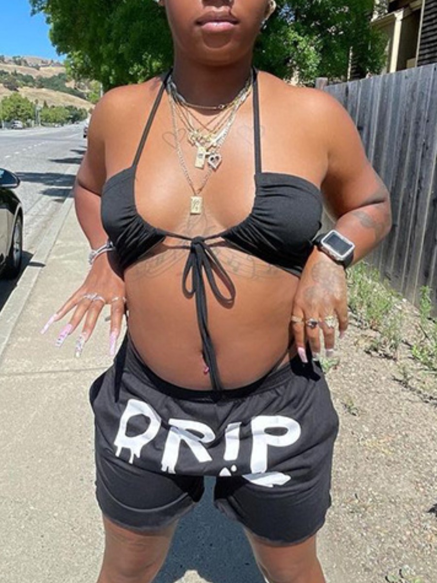 

LW SXY Letter Print Bandage Design Black Two Piece Shorts Set