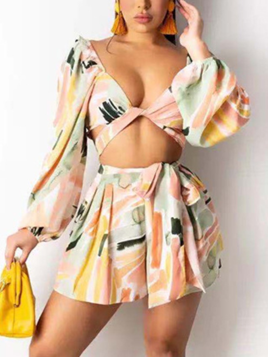 

Lovely Sexy V Neck Mixed Print Croci Two Piece Skirt Set