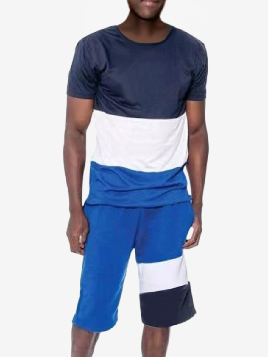 

Lovely Men Casual Round Neck Color-lump Blue Two Piece Shorts Set