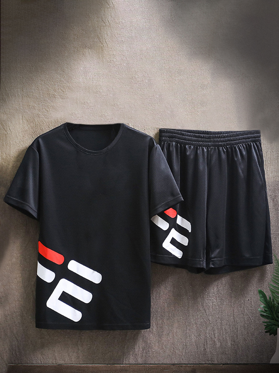 

Lovely Men Sporty Round Neck Letter Print Black Two Piece Shorts Set