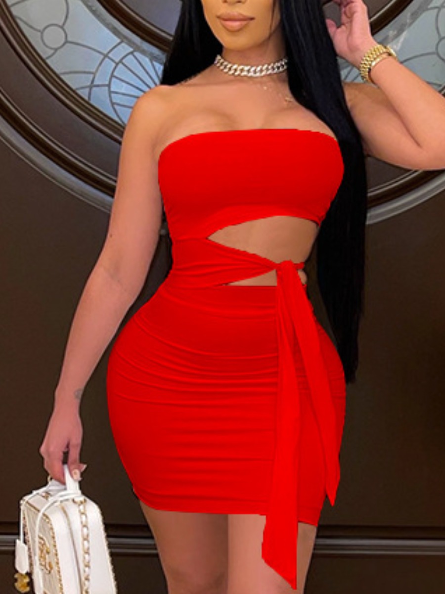 

LW SXY Romantic Bandage Hollow-out Design Red Mini Dress