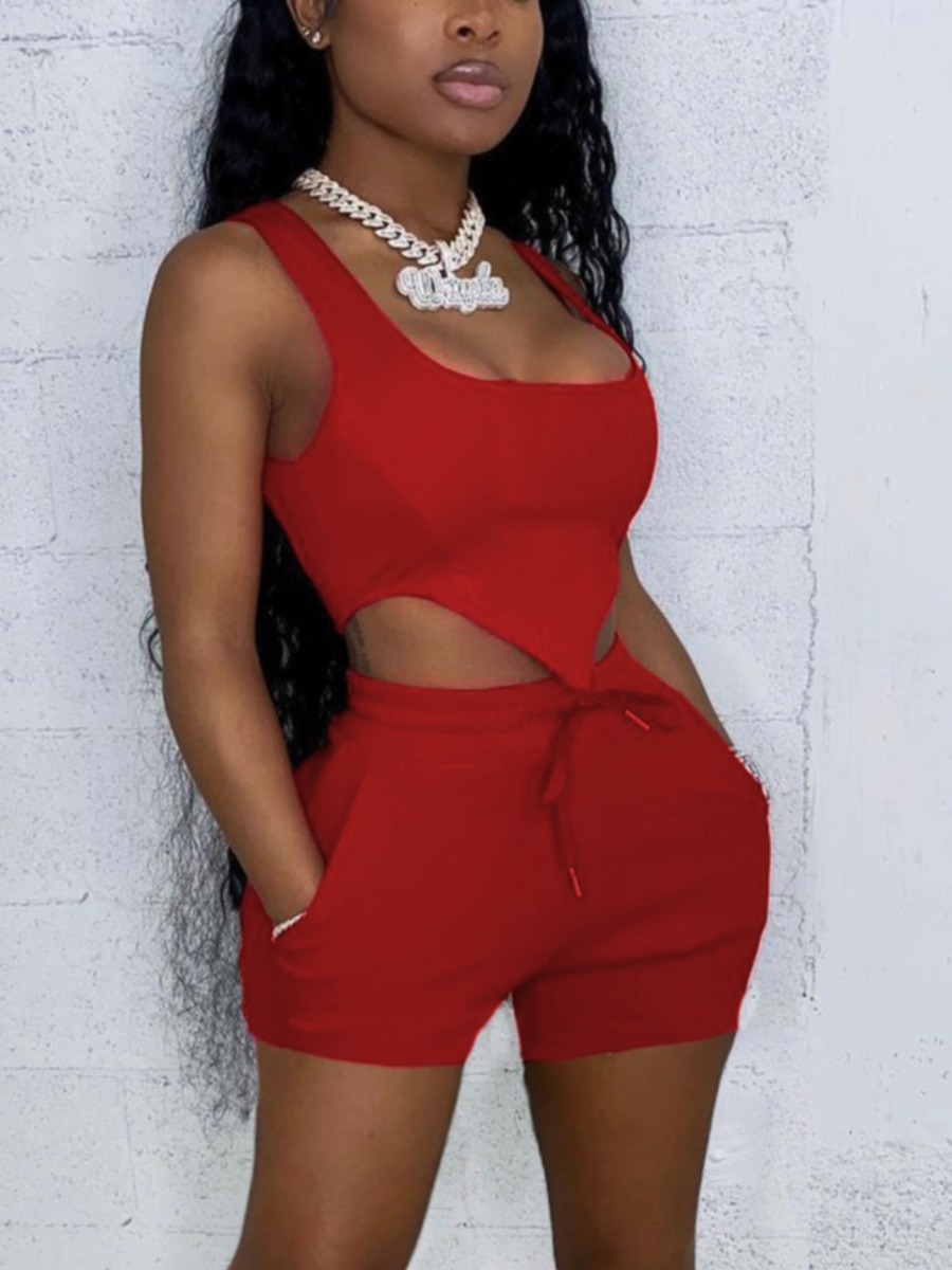 

Lovely Street Drawstring Asymmetrical Red Two Piece Shorts Set