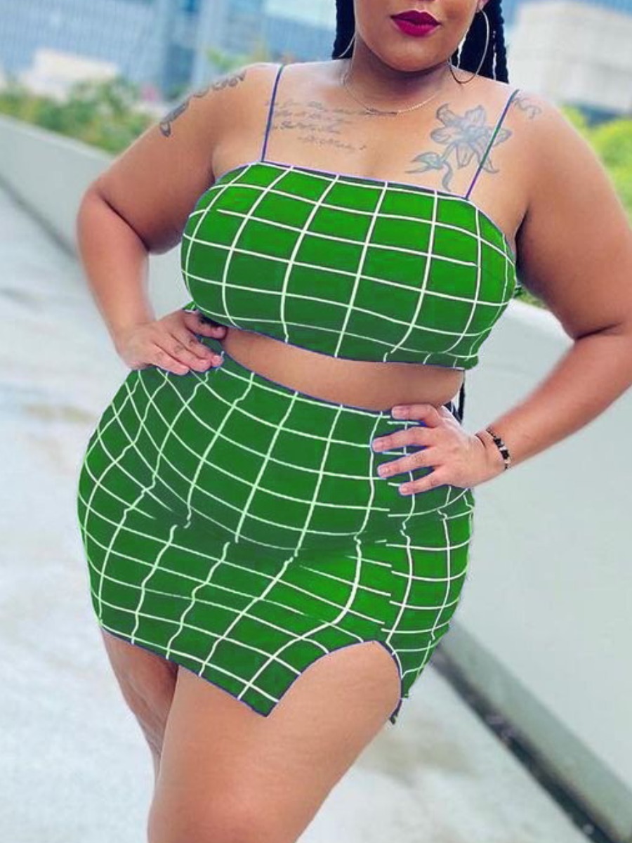 

Lovely Plus Size Boho Plaid Print Slit Green Two-piece Skirt Set