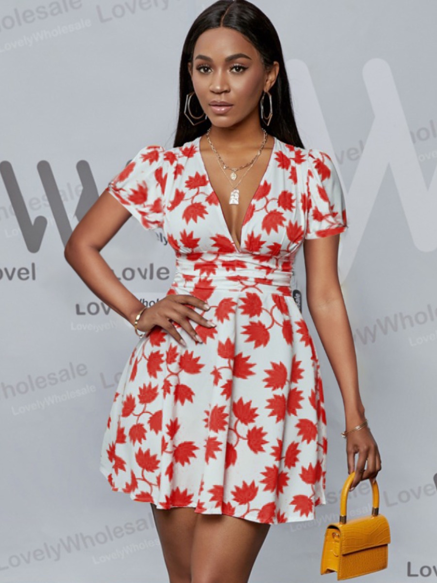 

Lovely Sweet V Neck Floral Print Red Mini Dress