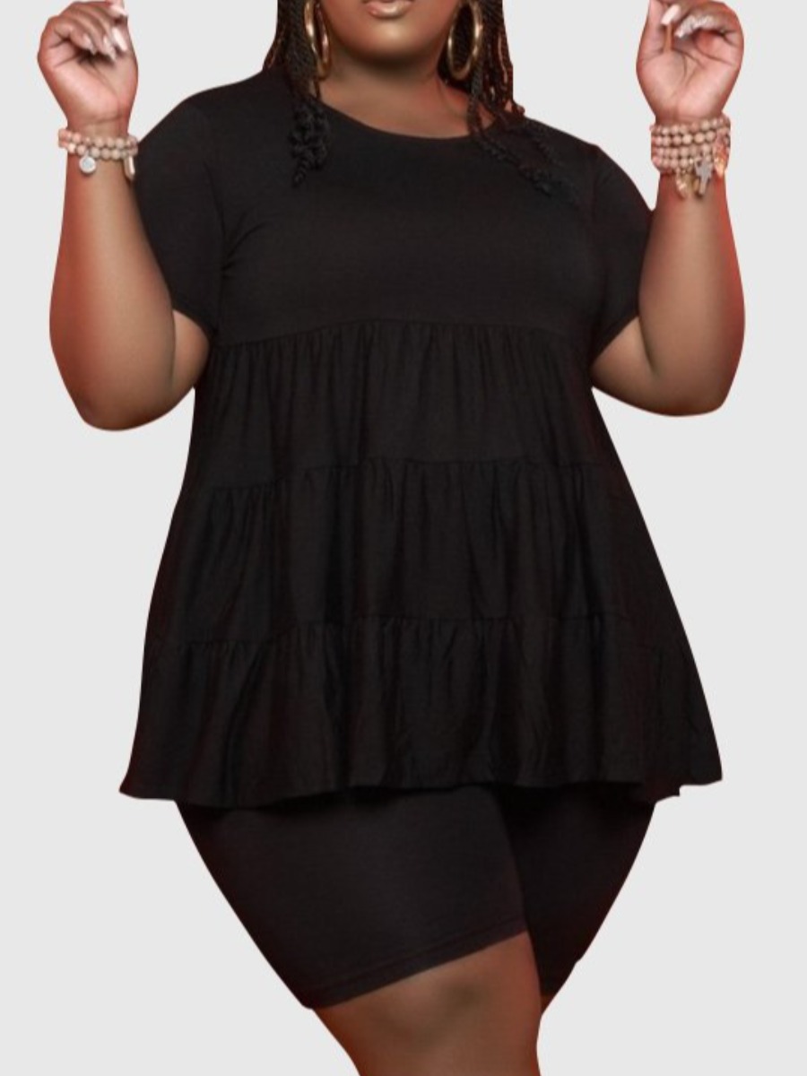 

Lovely Plus Size Casual Round Neck Flounce Design Black Two-piece Shorts Set