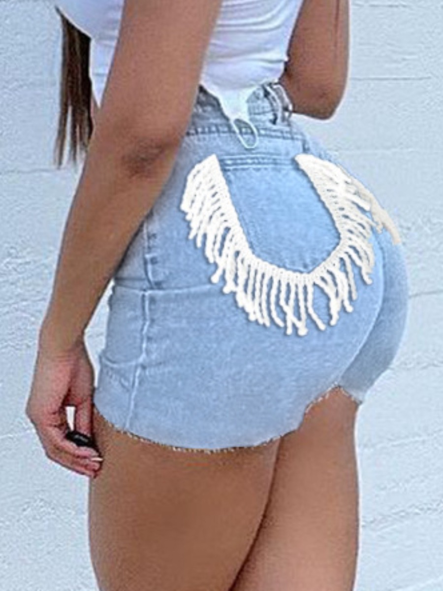 

LW High Stretchy Raw Edge Tassel Design Baby Blue Denim Shorts