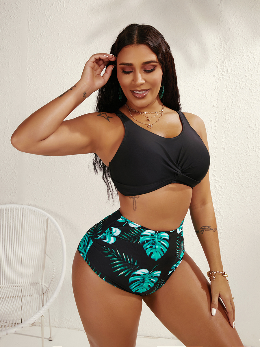 Lovely Boho U Neck Floral Print Black Tankini