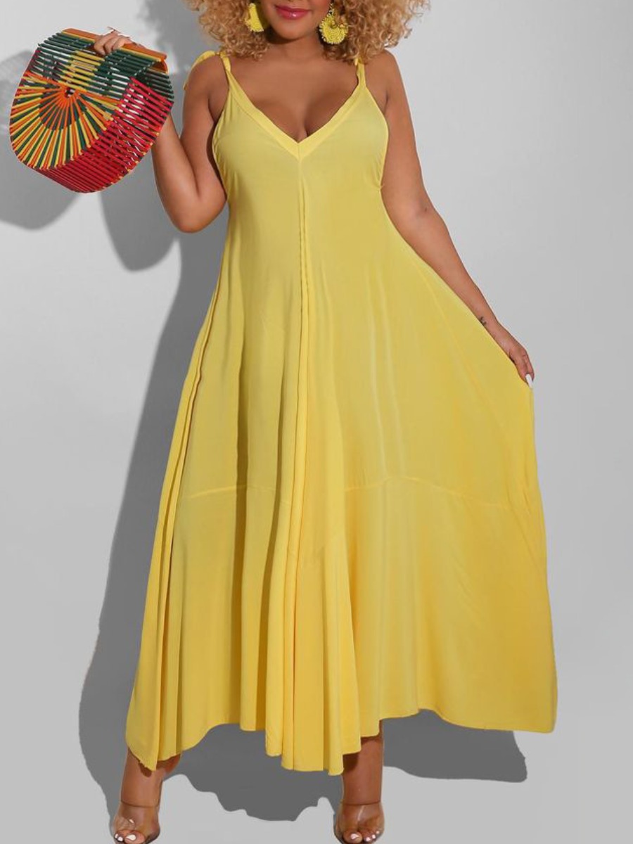 

Lovely Casual V Neck Yellow Ankle Length A Line Dress