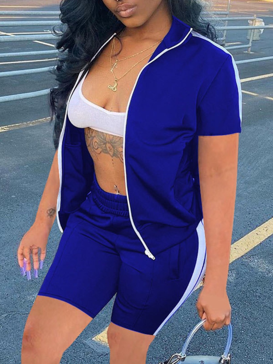 

Lovely Sporty Turndown Collar Striped Blue Two Piece Shorts Set