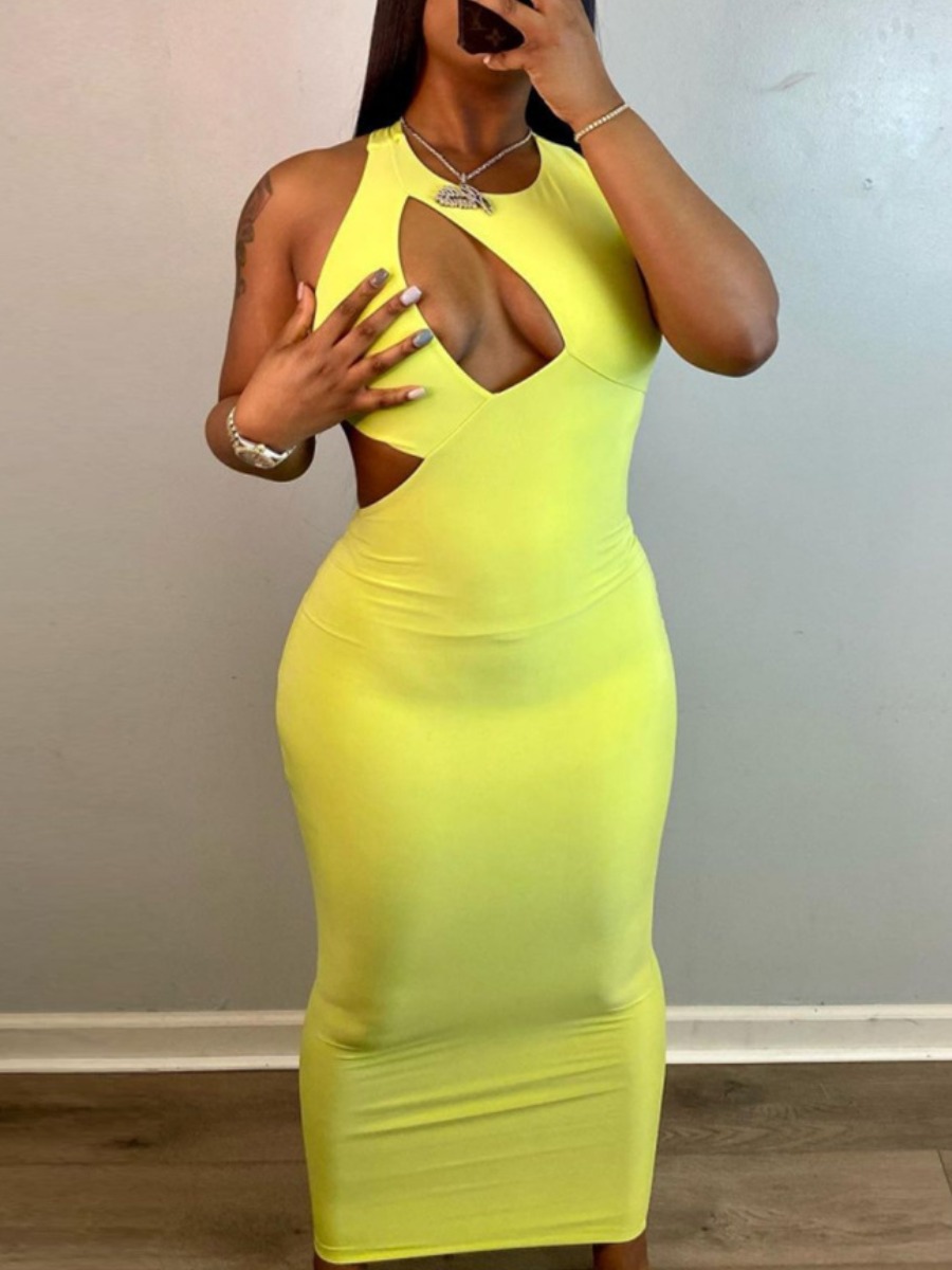 

LW SXY Round Neck Hollow-out Yellow Ankle Length Dress