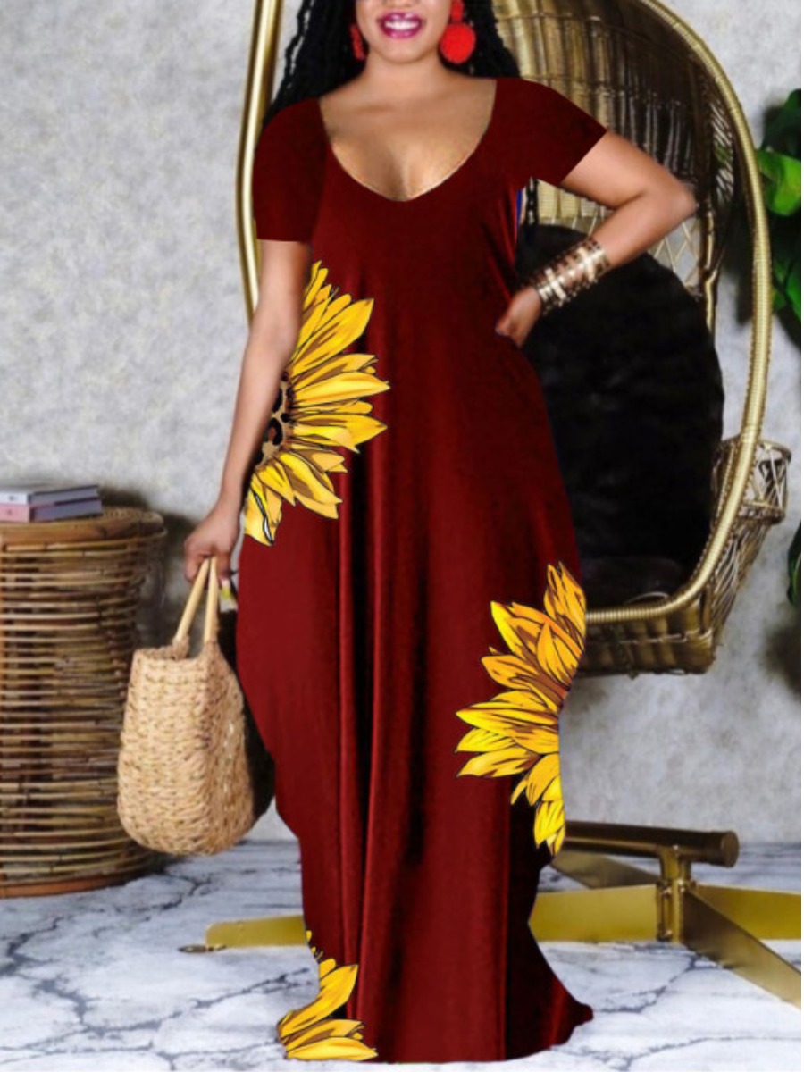 

LW Plus Size U Neck Sunflower Print Dress, Red