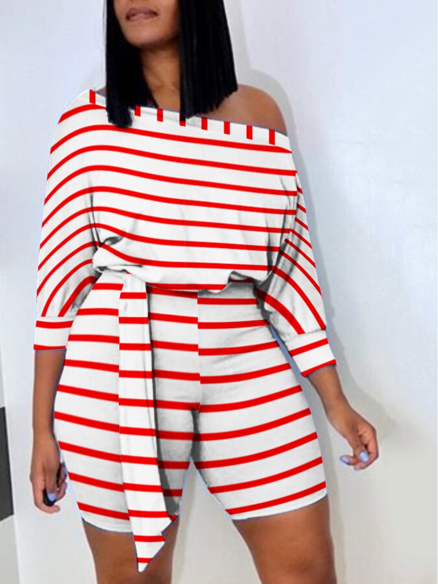 

LW Casual Boat Neck Striped Red Two Piece Shorts Set (No-positioning Printing)