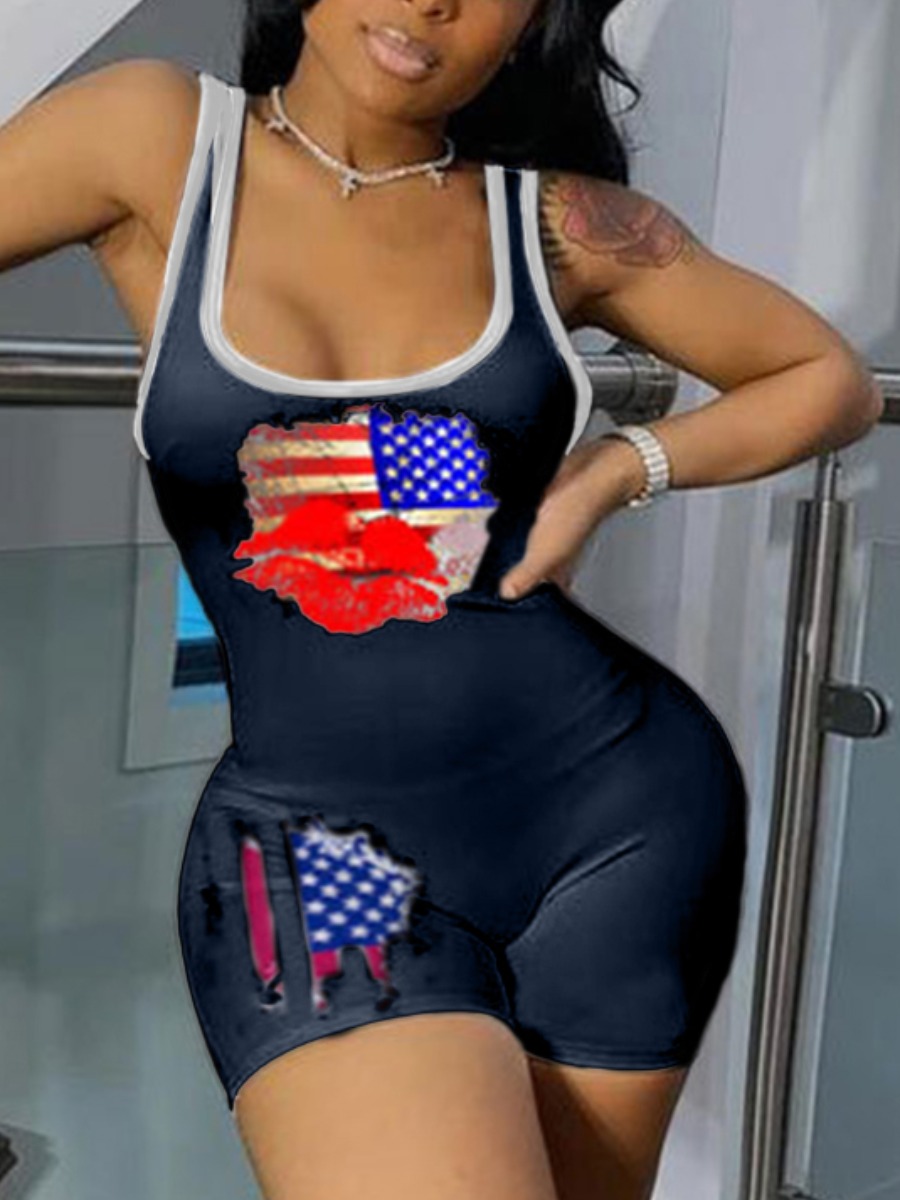 

Lovely Plus Size Street American Flag Lip Print Black One-piece Romper