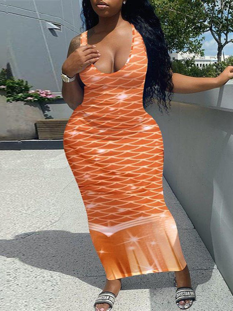 

Lovely Plus Size Casual U Neck Fish Scale Print Croci Ankle Length Dress