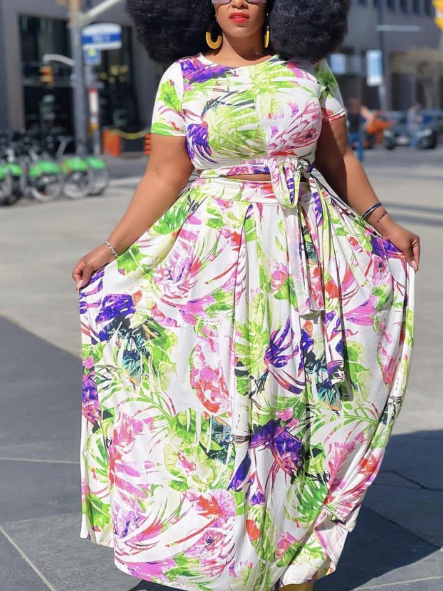 

Lovely Plus Size Boho Floral Print Bandage Design Green Two-piece Skirt Set