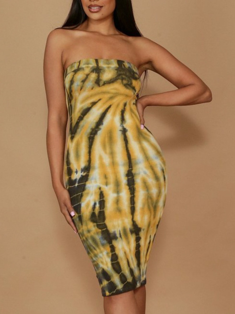 

LW Casual Off The Shoulder Tie-dye Blue Knee Length Dress, Yellow