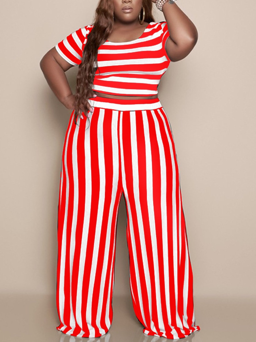 

Lovely Plus Size Boho Round Neck Striped Red Two-piece Pants Set